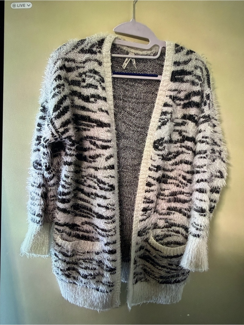 Mudd Black & White Fuzzy Zebra-Print Open Cardigan